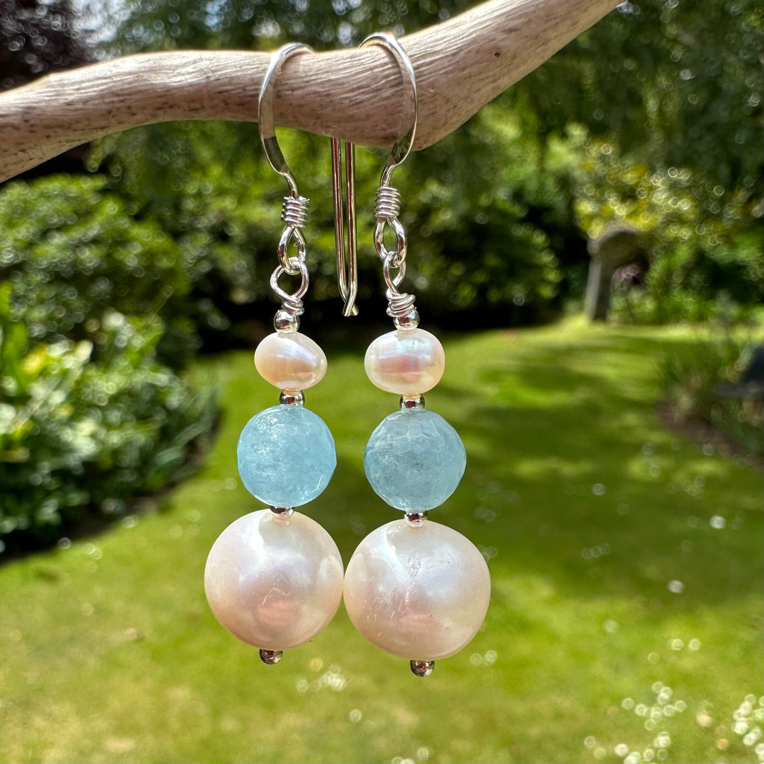 Aquamarine and freshwater pearl earrings