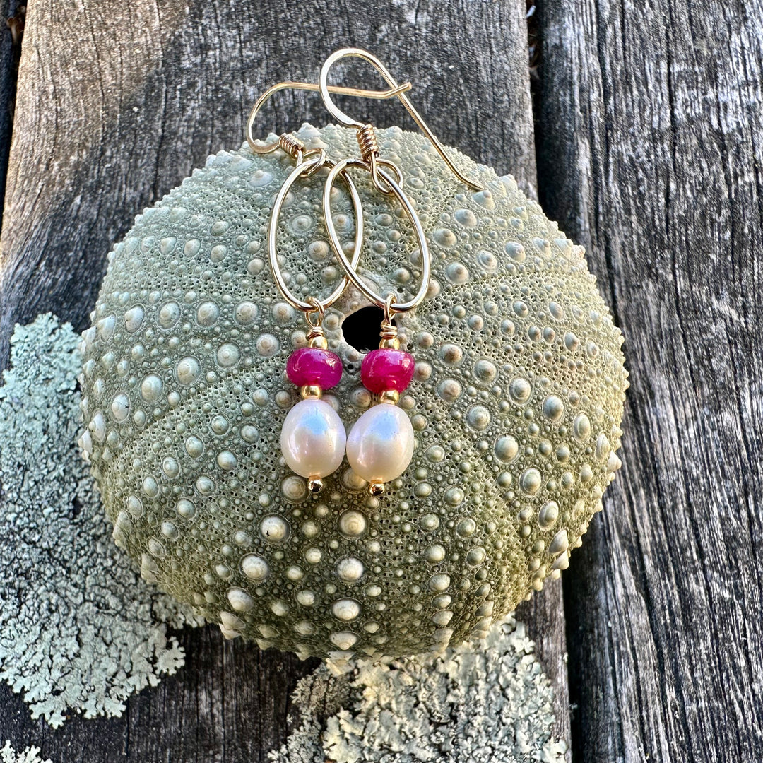 Freshwater pearl and ruby earrings
