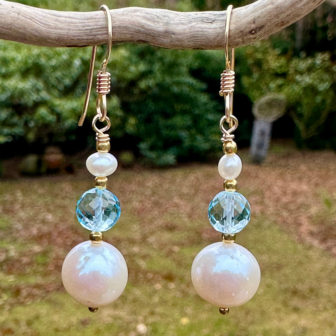 Freshwater pearl and blue topaz earrings