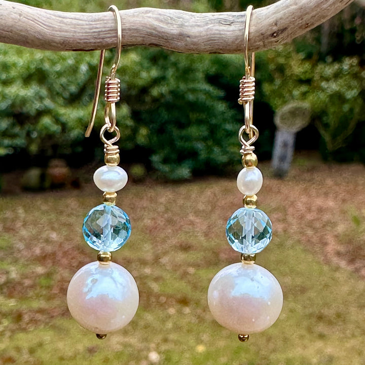 Freshwater pearl and blue topaz earrings