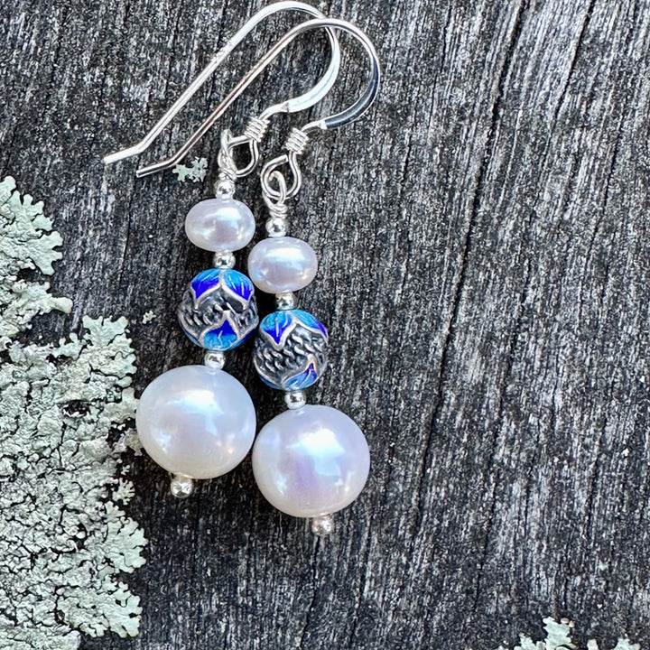 Freshwater pearl & enamel earrings
