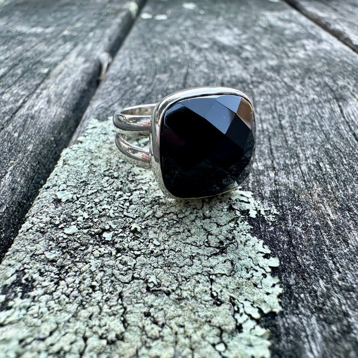Faceted black onyx ring