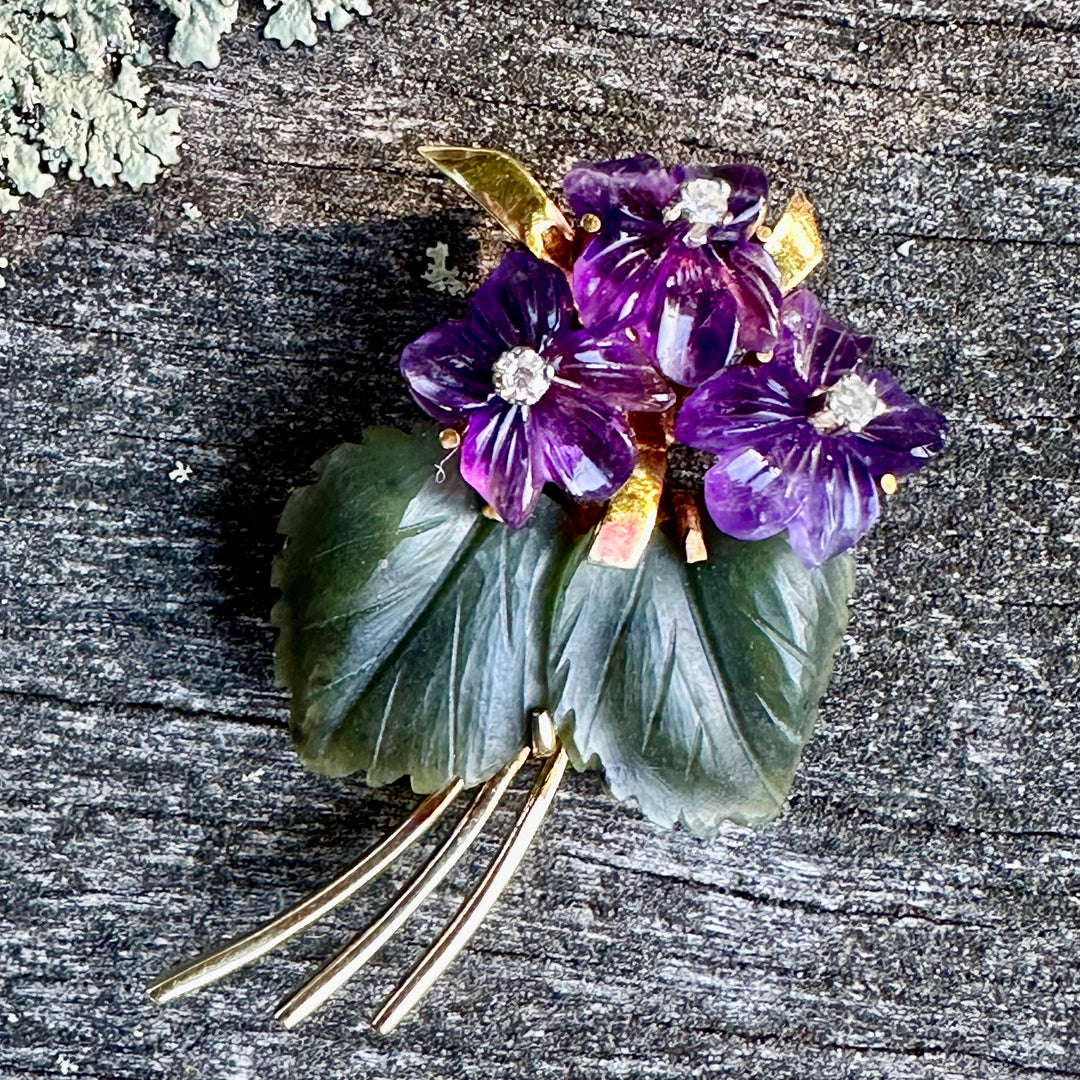 Vintage Austrian Amethyst, diamond and nephrite brooch.