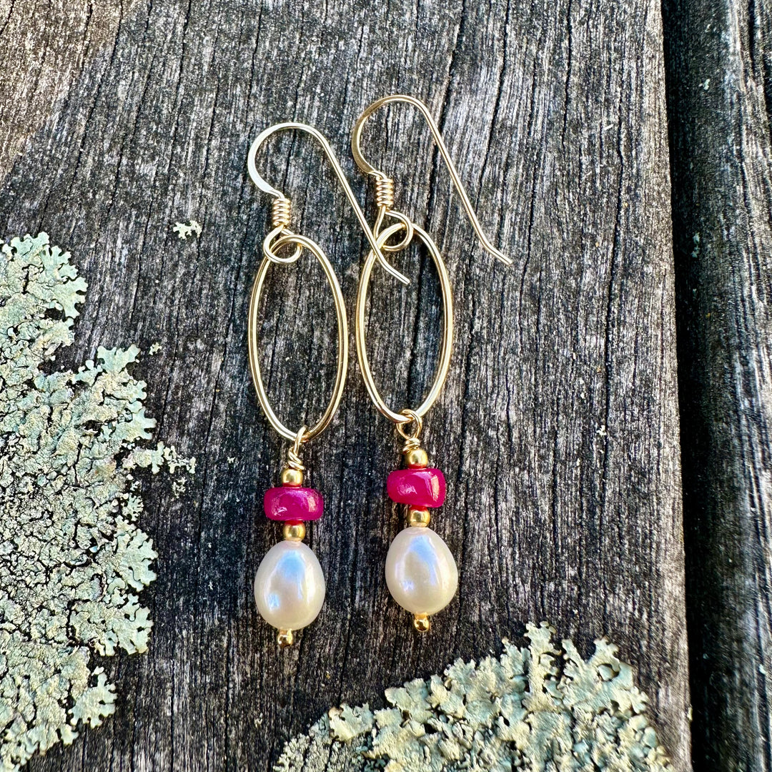 Freshwater pearl and ruby earrings