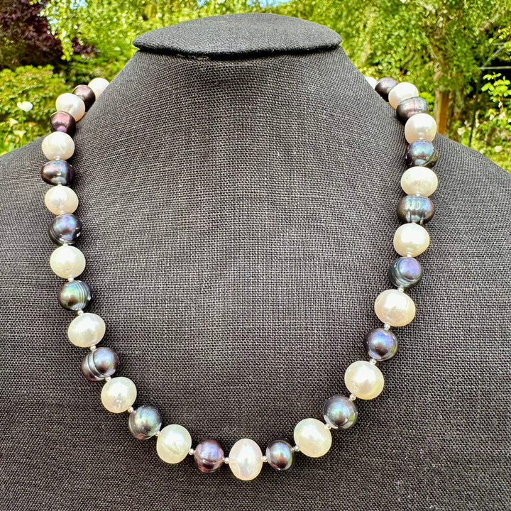 Large white and peacock freshwater pearl necklace