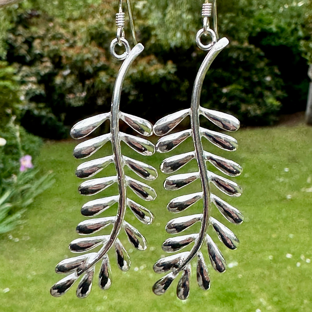 Large sterling silver fern earrings
