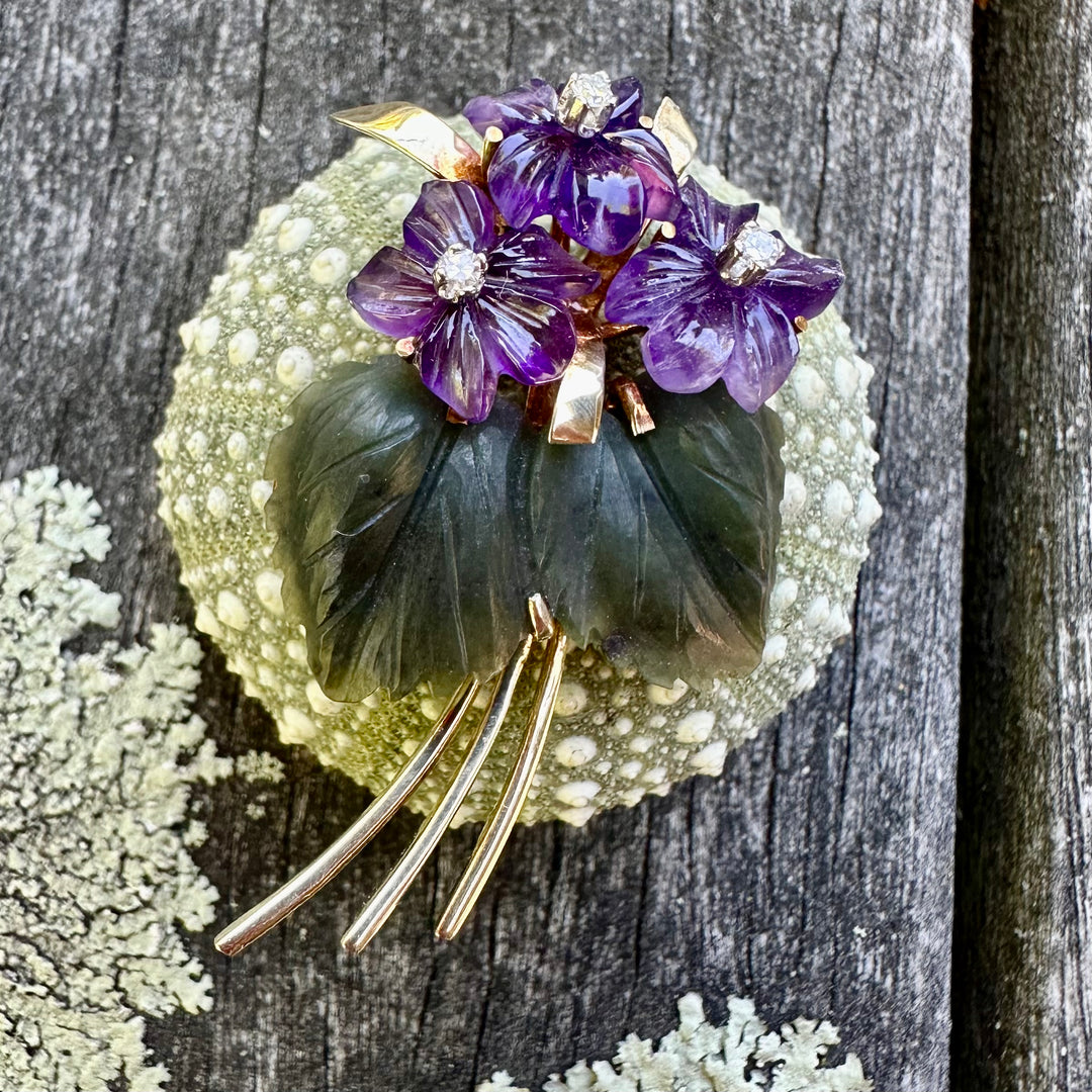 Vintage Austrian Amethyst, diamond and nephrite brooch.