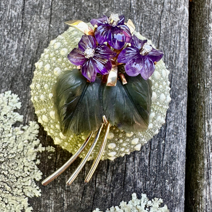 Vintage Austrian Amethyst, diamond and nephrite brooch.