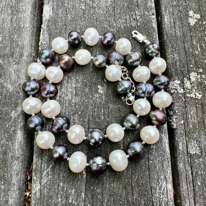 Large white and peacock freshwater pearl necklace