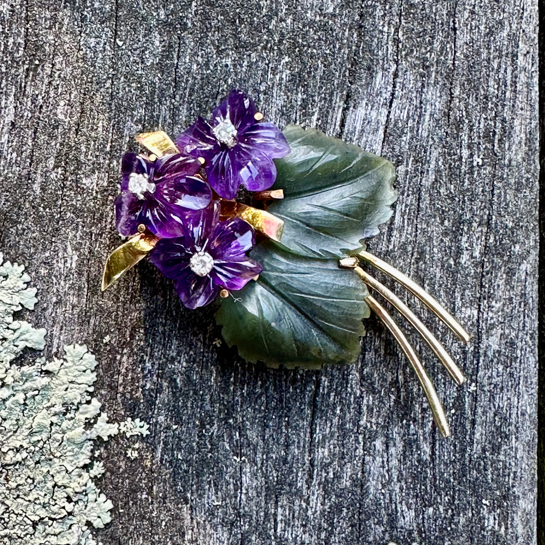 Vintage Austrian Amethyst, diamond and nephrite brooch.