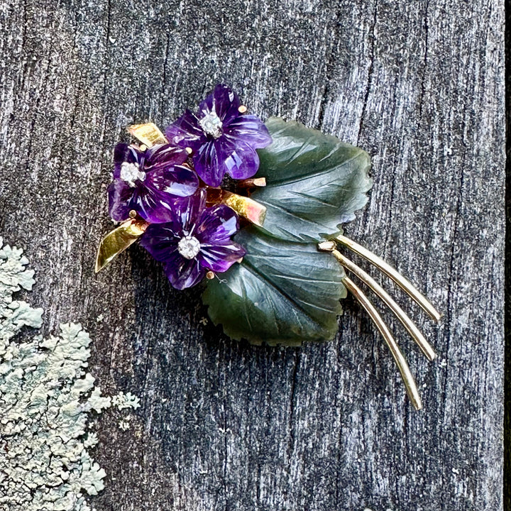 Vintage Austrian Amethyst, diamond and nephrite brooch.