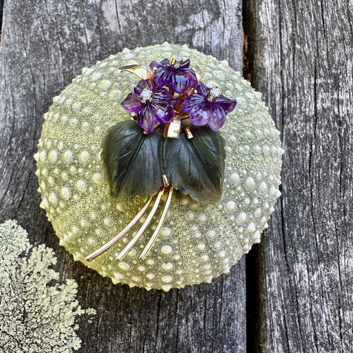 Vintage Austrian Amethyst, diamond and nephrite brooch.