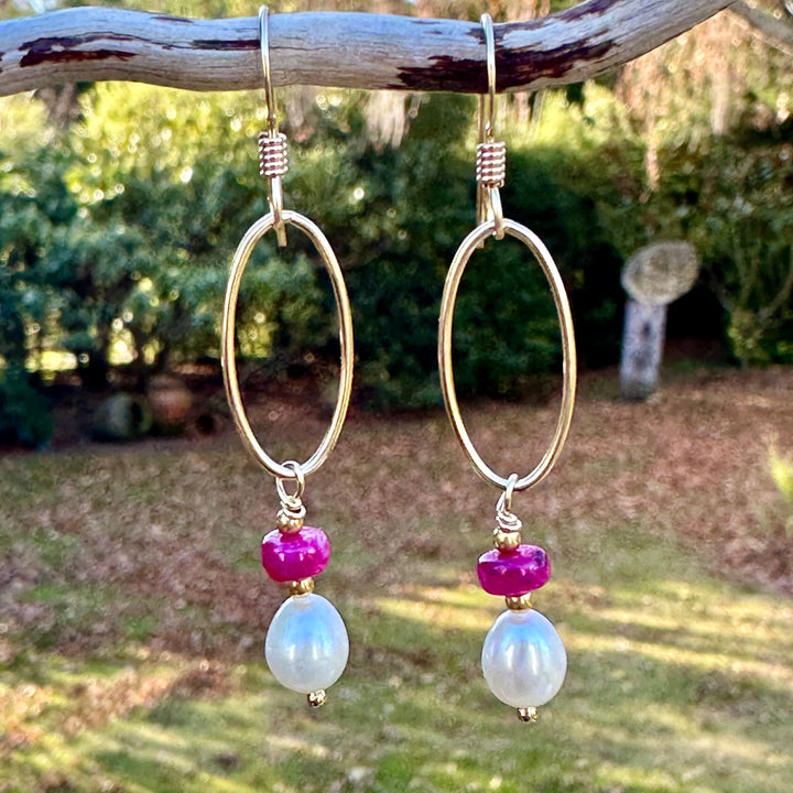 Freshwater pearl and ruby earrings