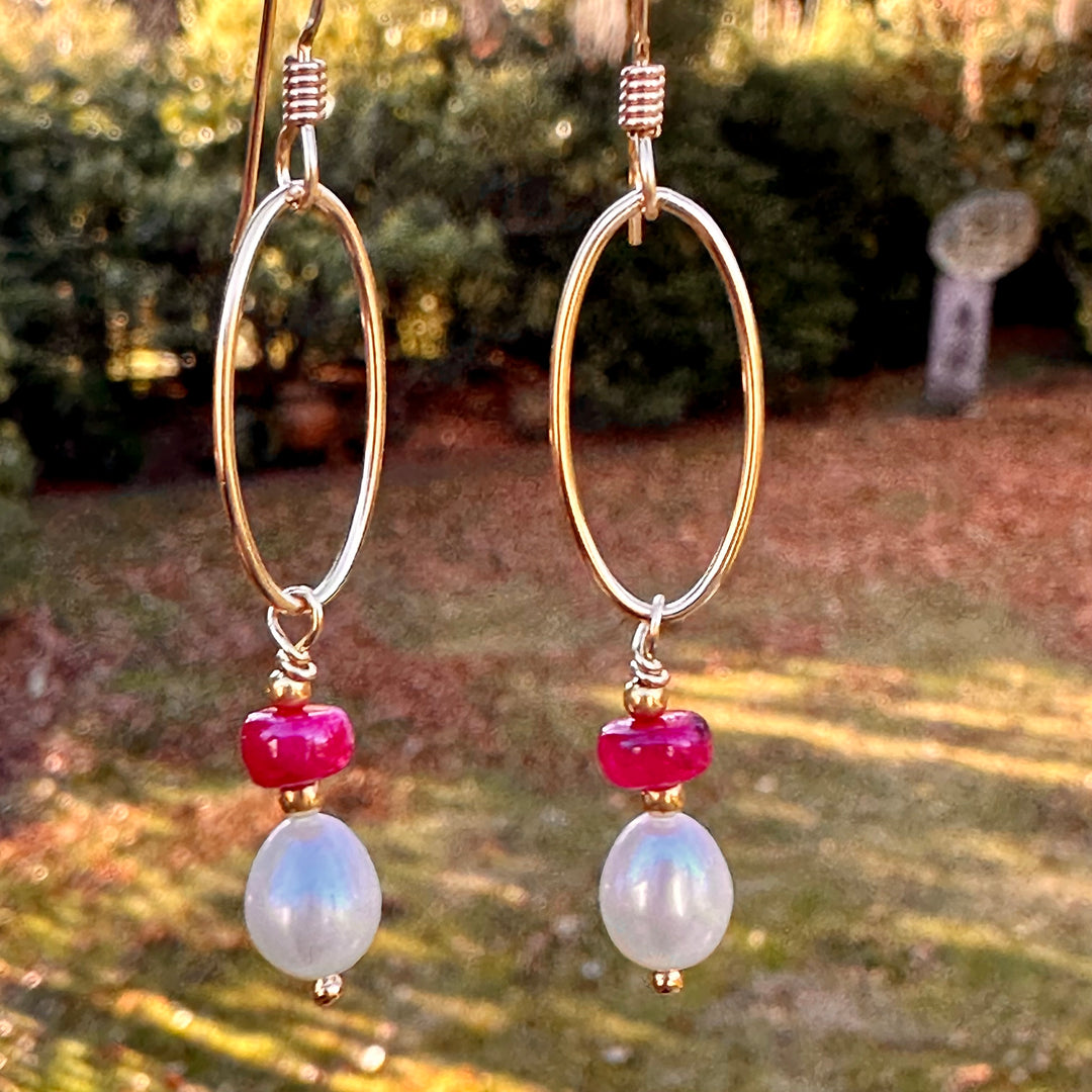 Freshwater pearl and ruby earrings