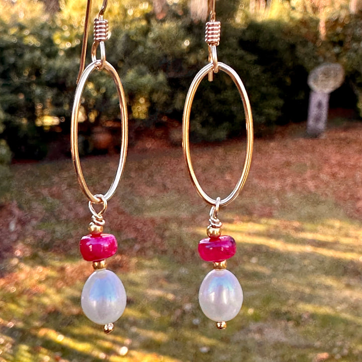 Freshwater pearl and ruby earrings