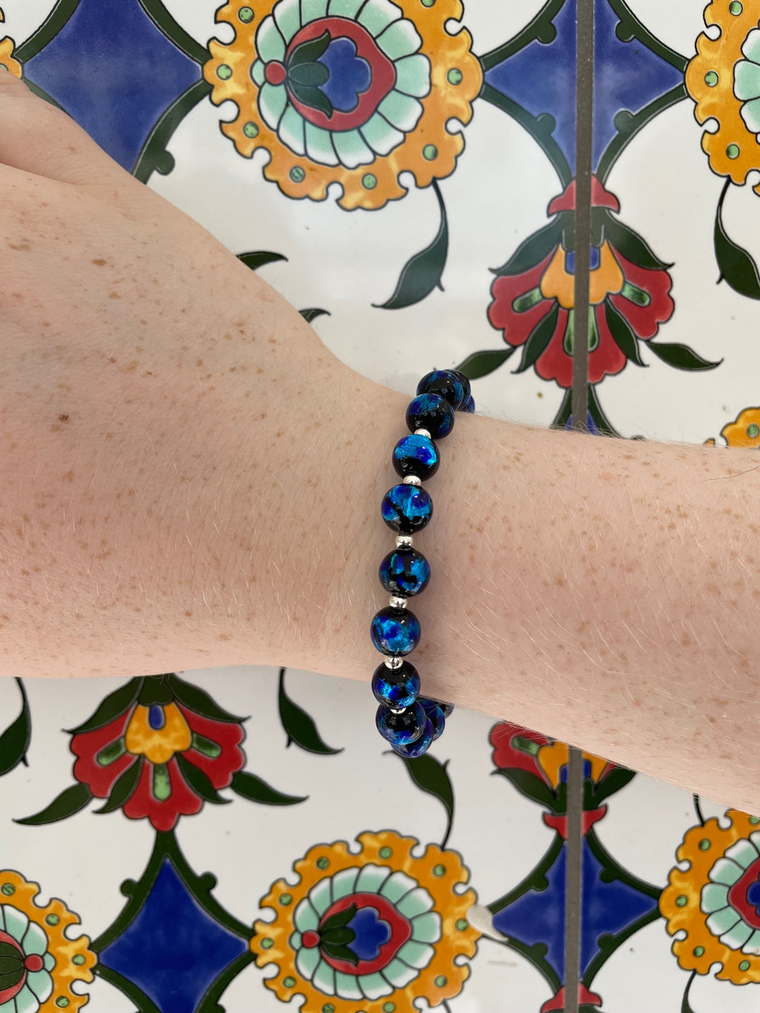 6mm vivid blue Japanese lampwork bracelet
