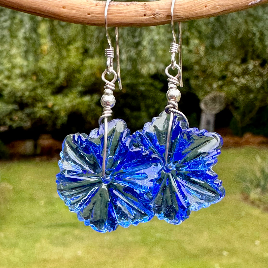 Blue glass flower earrings