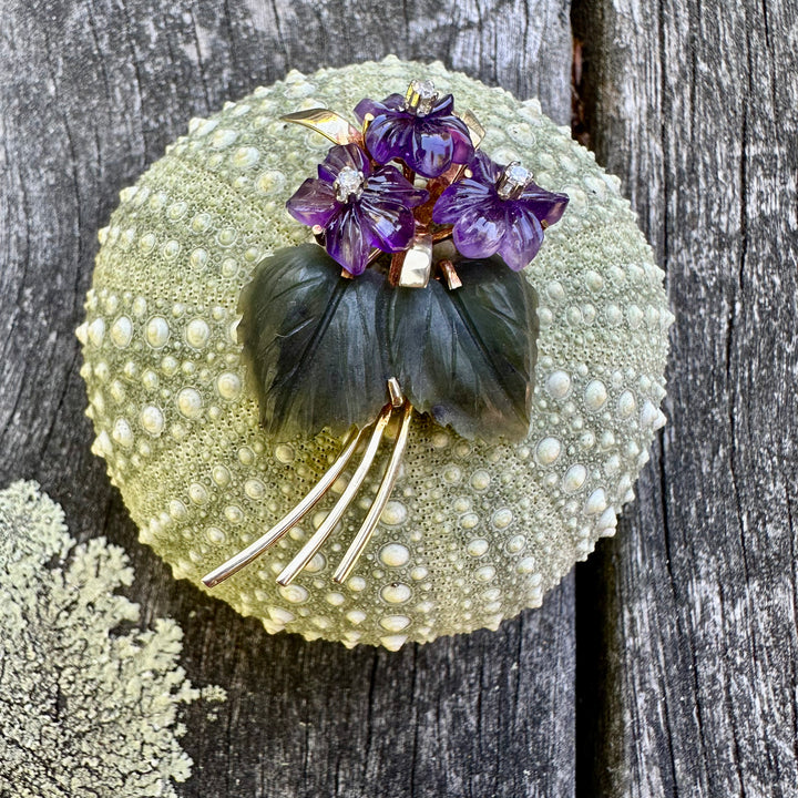Vintage Austrian Amethyst, diamond and nephrite brooch.