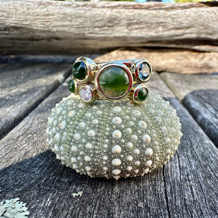 9ct Gold, pounamu, diamond and sapphire sky full of stars ring