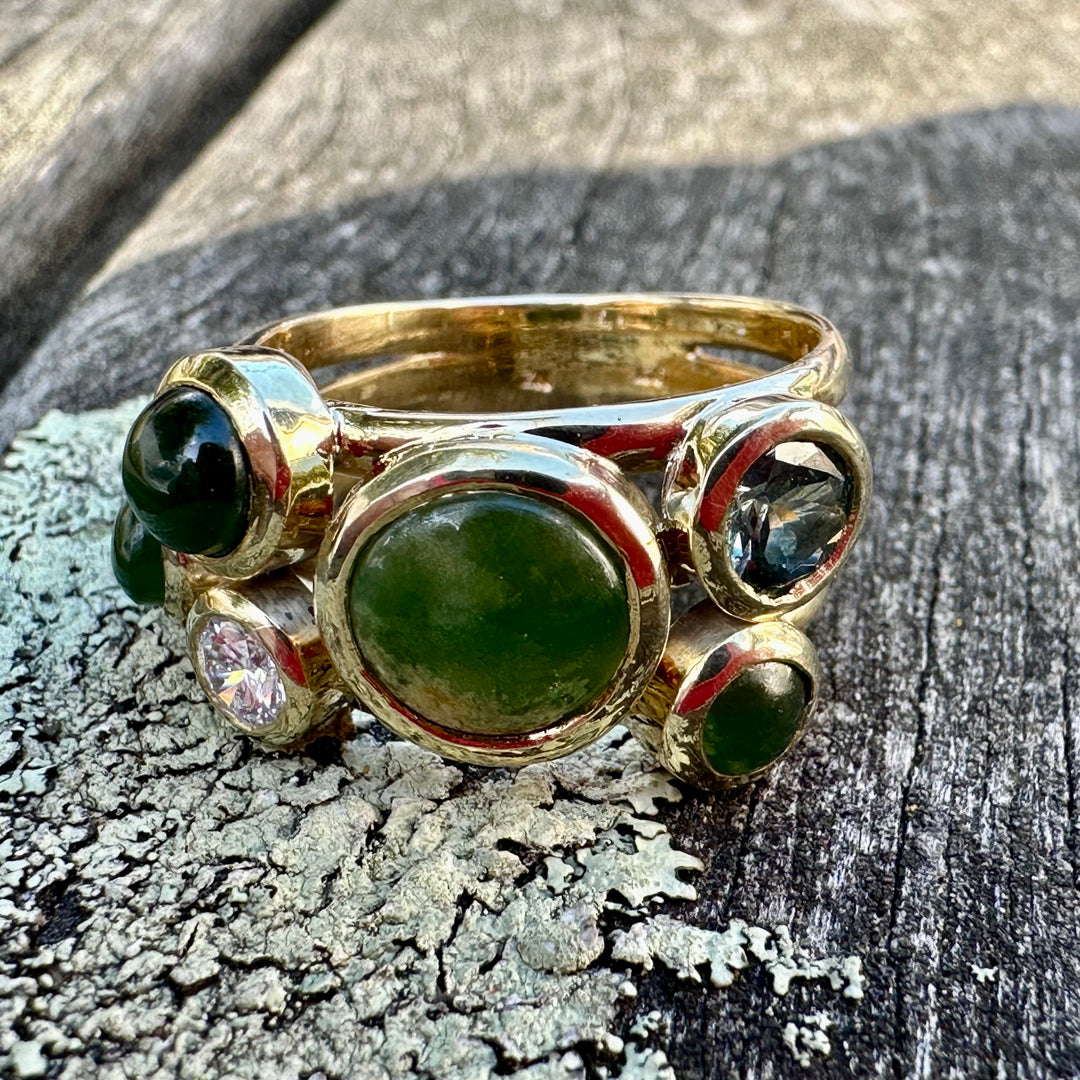 9ct Gold, pounamu, diamond and sapphire sky full of stars ring