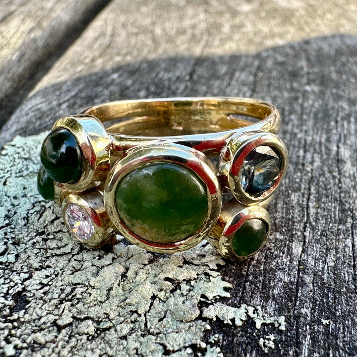 9ct Gold, pounamu, diamond and sapphire sky full of stars ring
