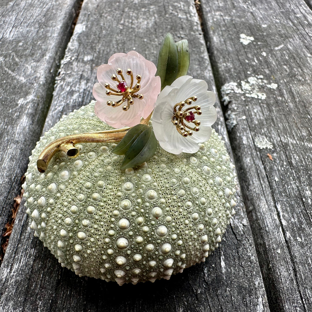 Vintage frosted rose quartz, ruby and rock crystal flower brooch