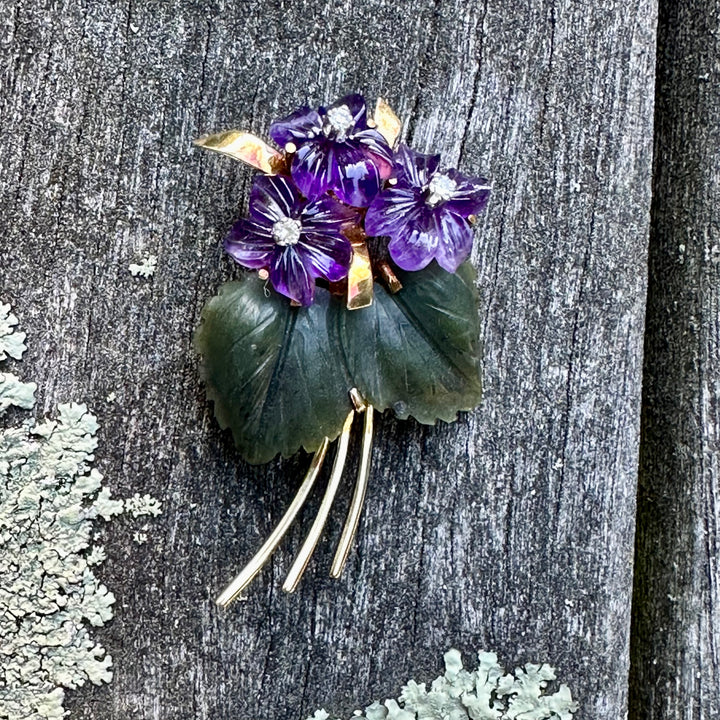 Vintage Austrian Amethyst, diamond and nephrite brooch.