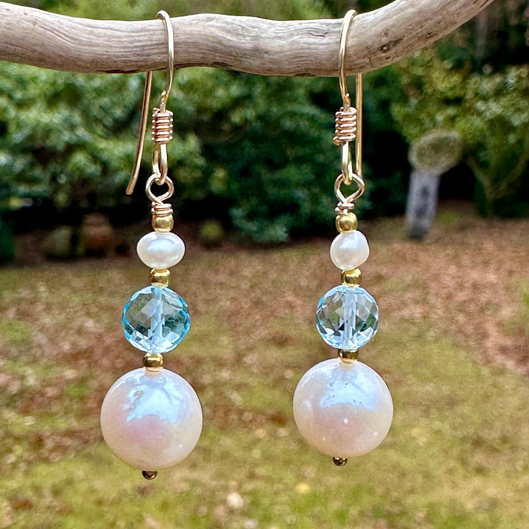 Freshwater pearl and blue topaz earrings