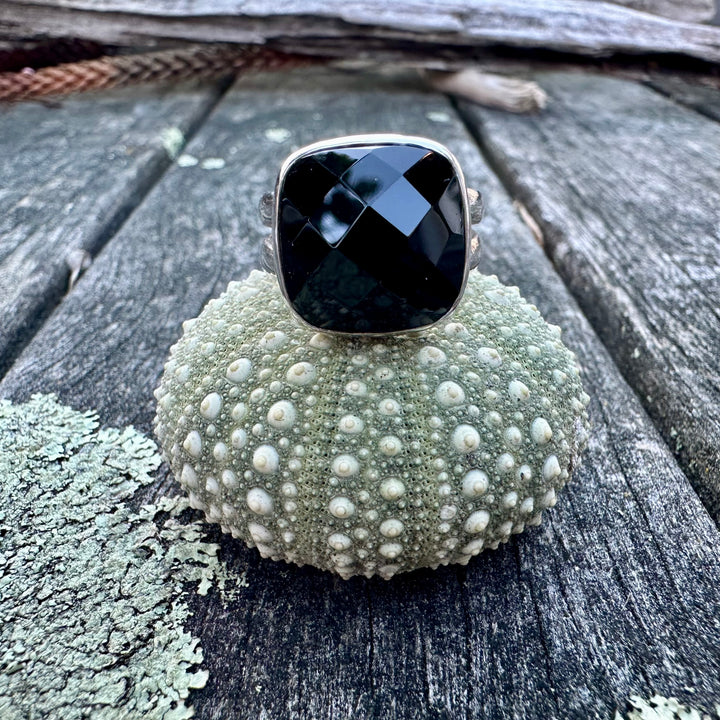 Faceted black onyx ring