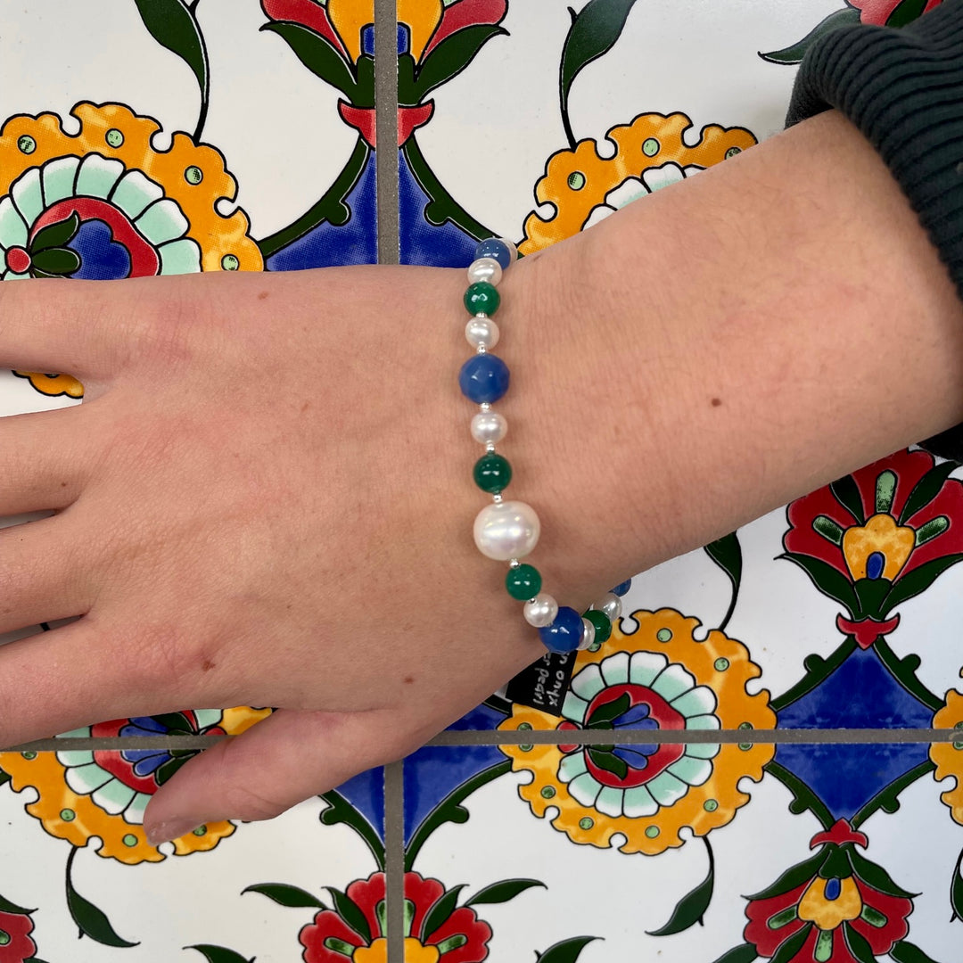 Pearl and green and blue onyx bracelet