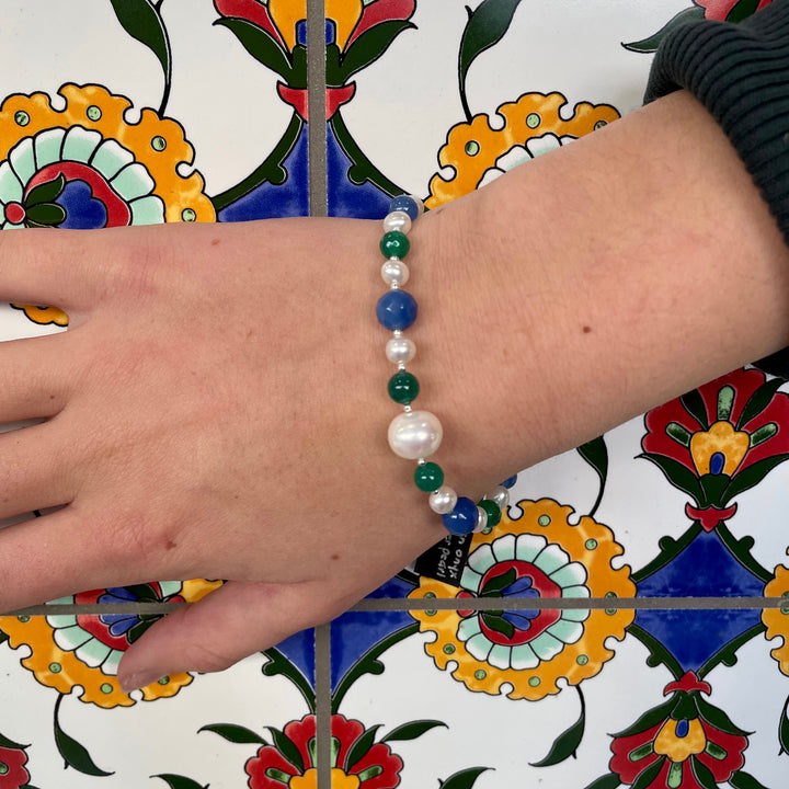 Pearl and green and blue onyx bracelet