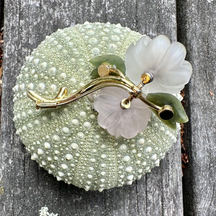 Vintage frosted rose quartz, ruby and rock crystal flower brooch