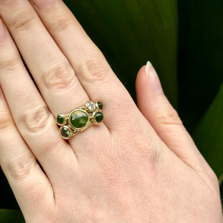 9ct Gold, pounamu, diamond and sapphire sky full of stars ring