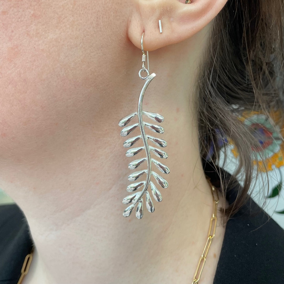 Large sterling silver fern earrings
