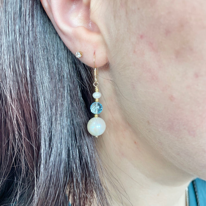 Freshwater pearl and blue topaz earrings