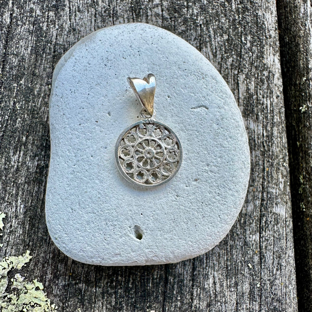 Tiny Rose Window Pendant, Sterling Silver