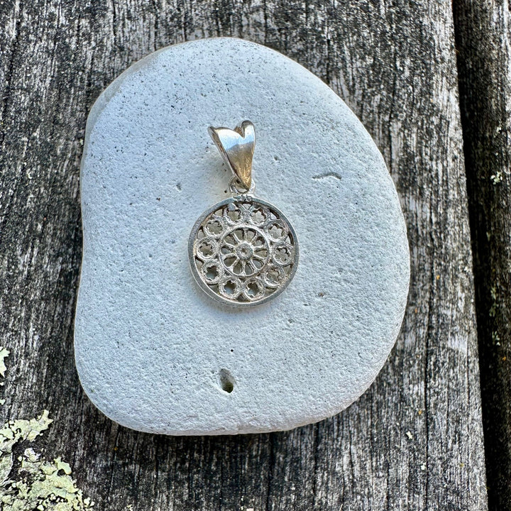 Tiny Rose Window Pendant, Sterling Silver