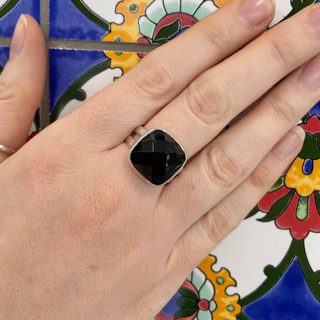 Faceted black onyx ring