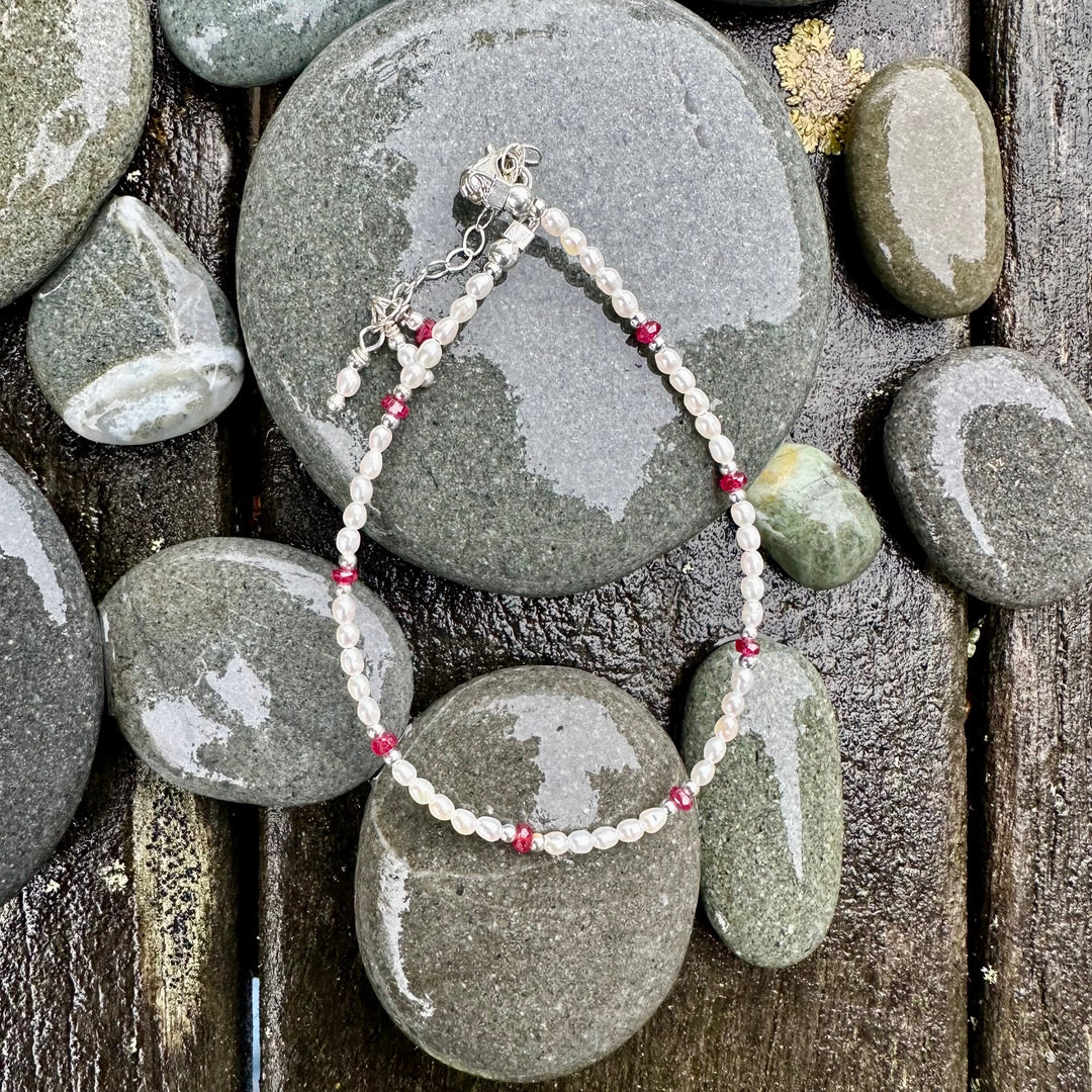 tiny freshwater pearl and ruby bracelet