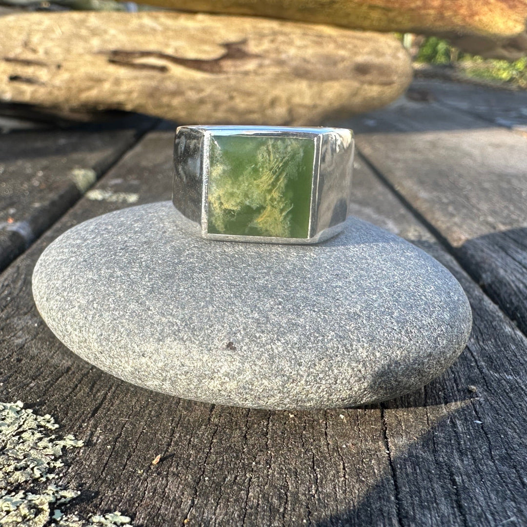 Heavy Marsden Flower Signet Ring, New Zealand Greenstone