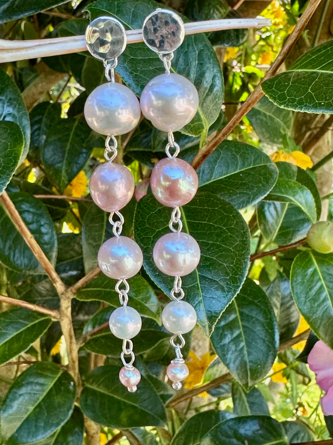 5 tier pink & white freshwater pearl earrings