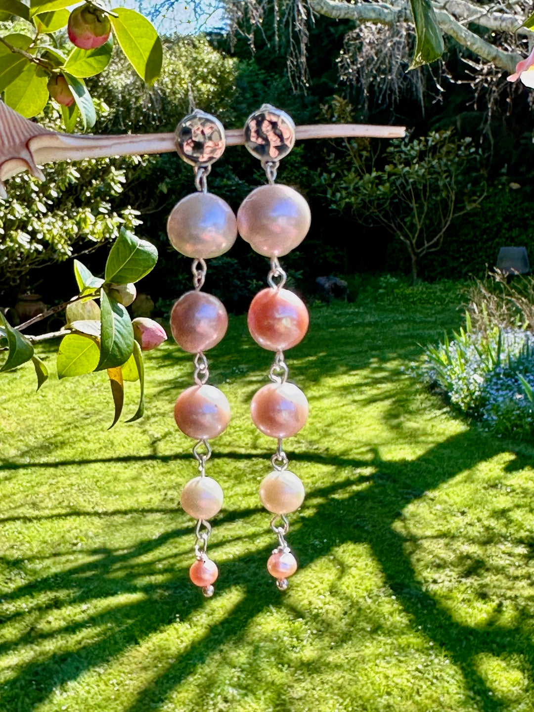 5 tier pink & white freshwater pearl earrings
