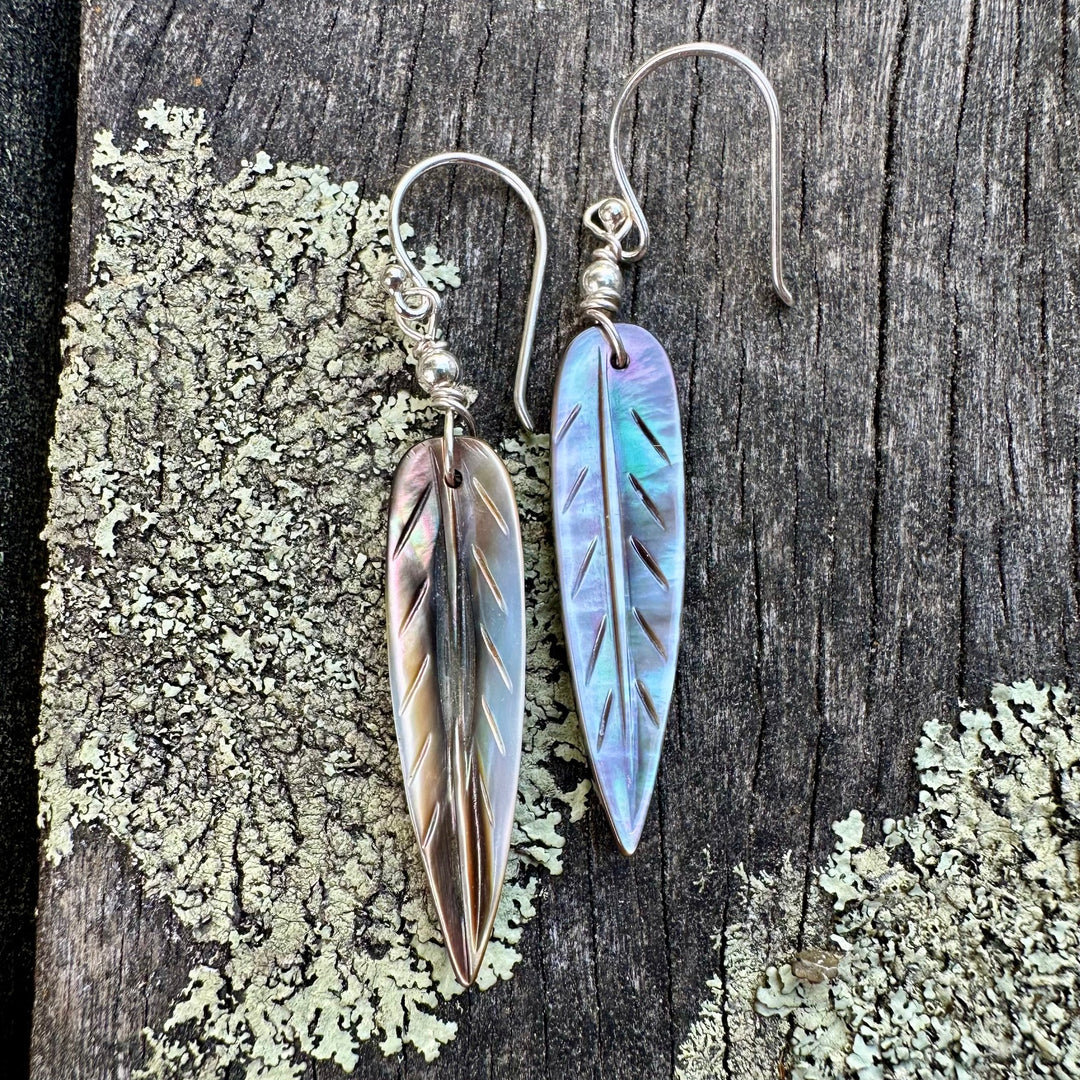 Dark mother of pearl feather earrings