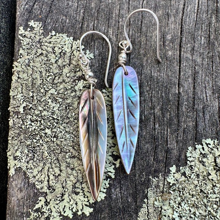 Dark mother of pearl feather earrings
