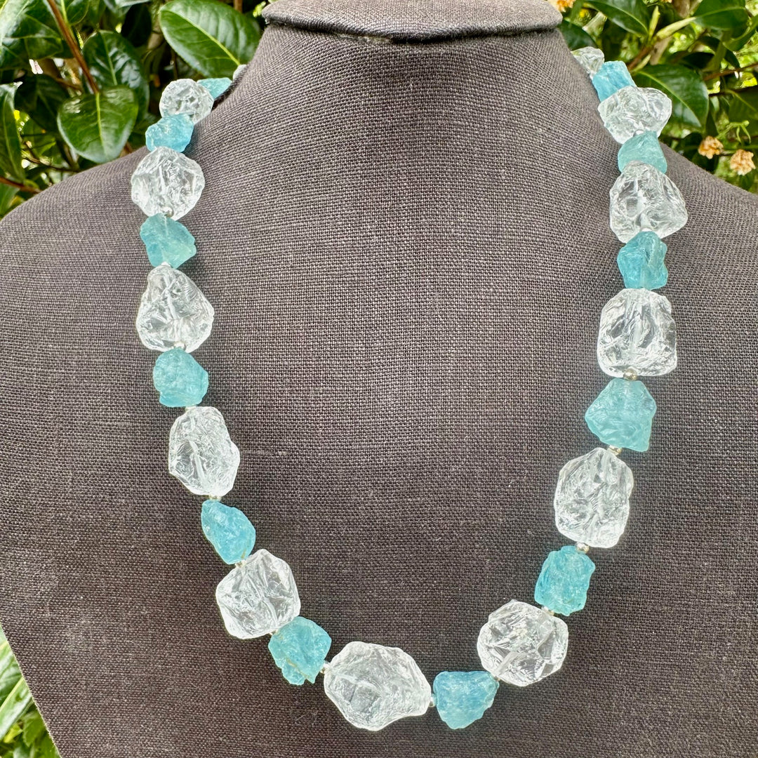 Hammer cut aquamarine & quartz crystal necklace