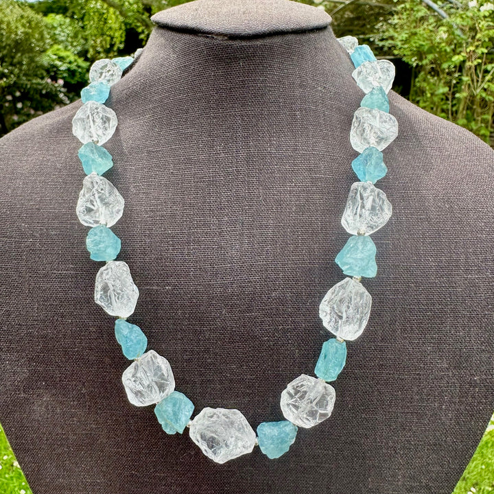 Hammer cut aquamarine & quartz crystal necklace
