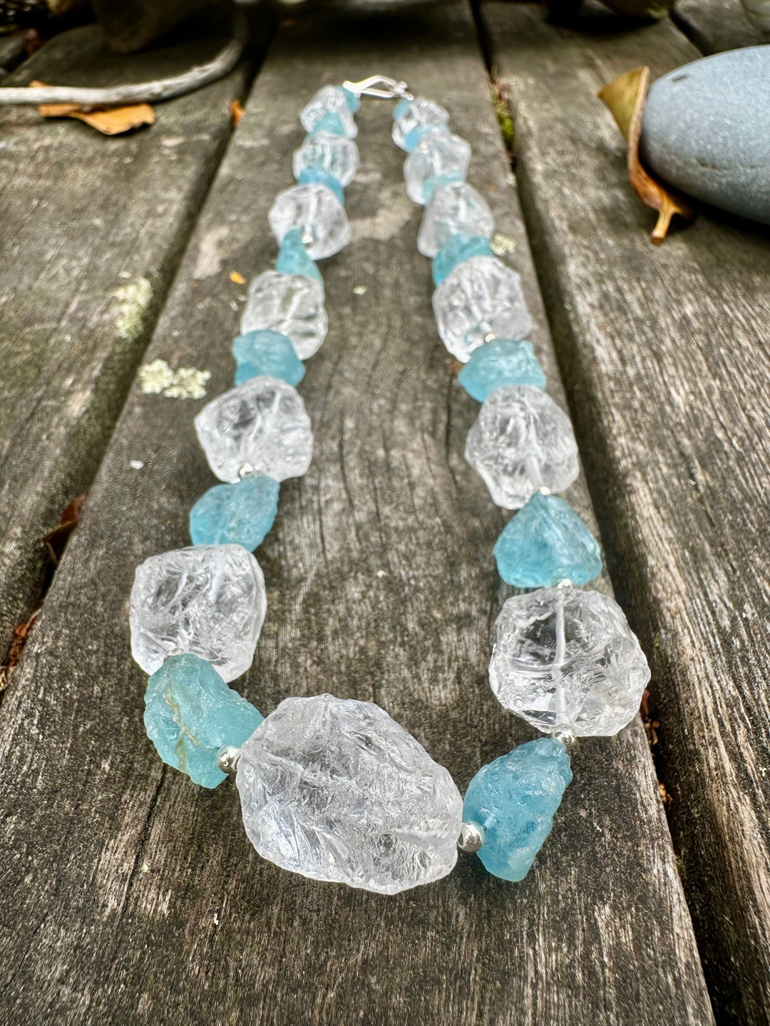 Hammer cut aquamarine & quartz crystal necklace