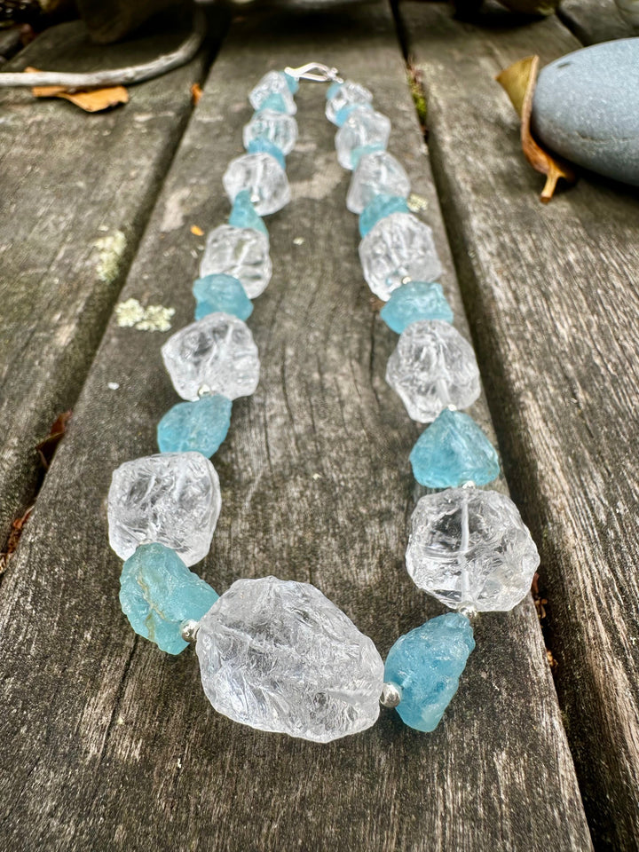 Hammer cut aquamarine & quartz crystal necklace