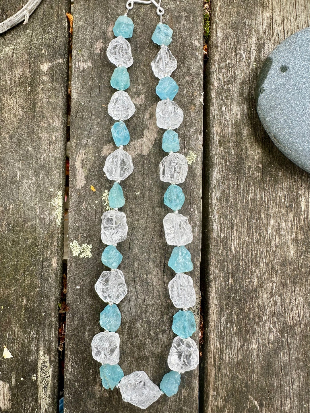 Hammer cut aquamarine & quartz crystal necklace