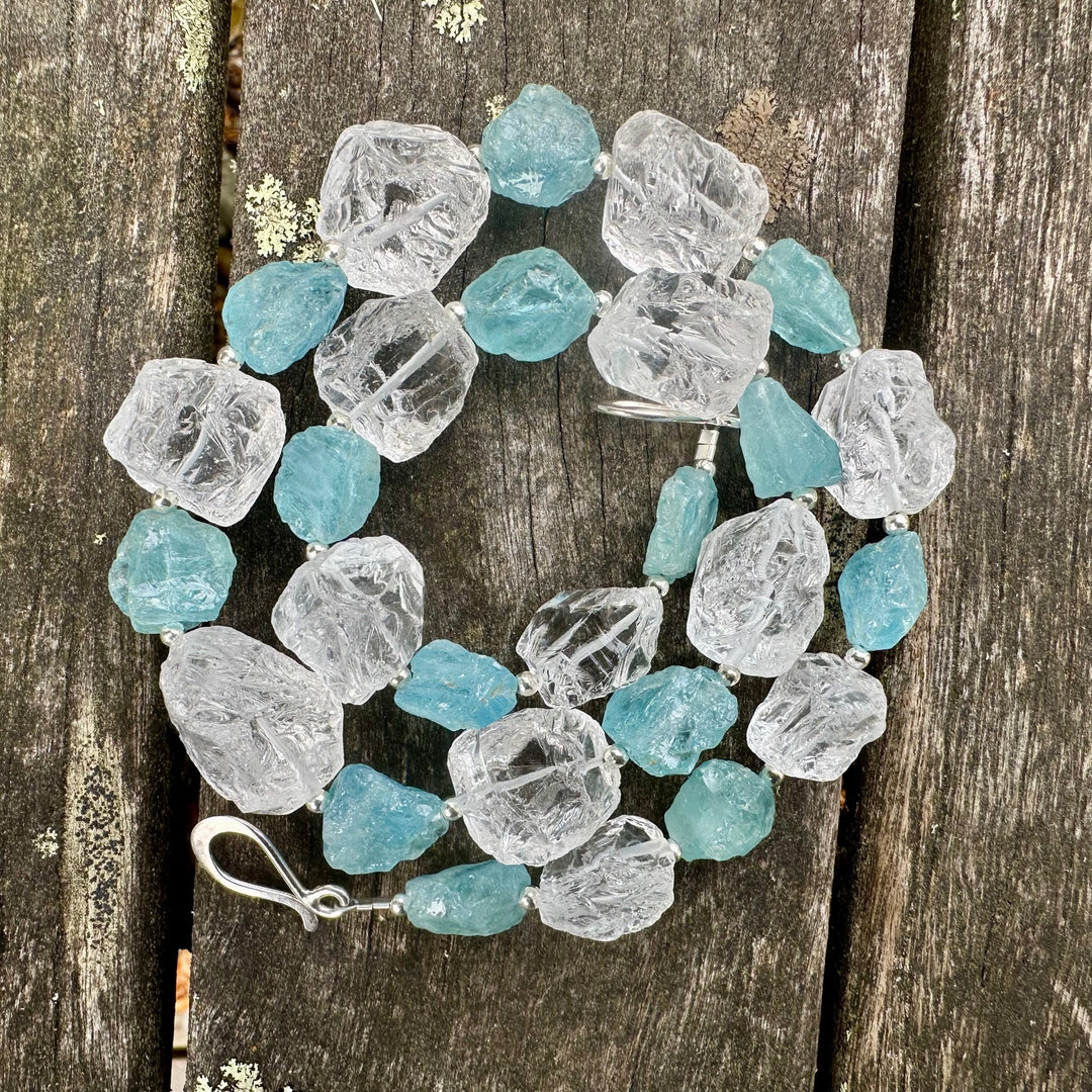 Hammer cut aquamarine & quartz crystal necklace